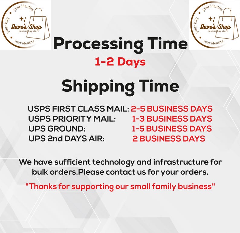 May include: Image with text from Dave's Shop, including "Processing Time 1-2 Days" and "Shipping Time" with USPS and UPS delivery estimates. The shop logo is a shopping bag.