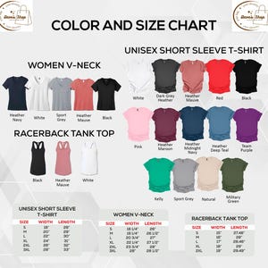 Color and size chart for unisex short sleeve t-shirts, women V-neck t-shirts and tank tops