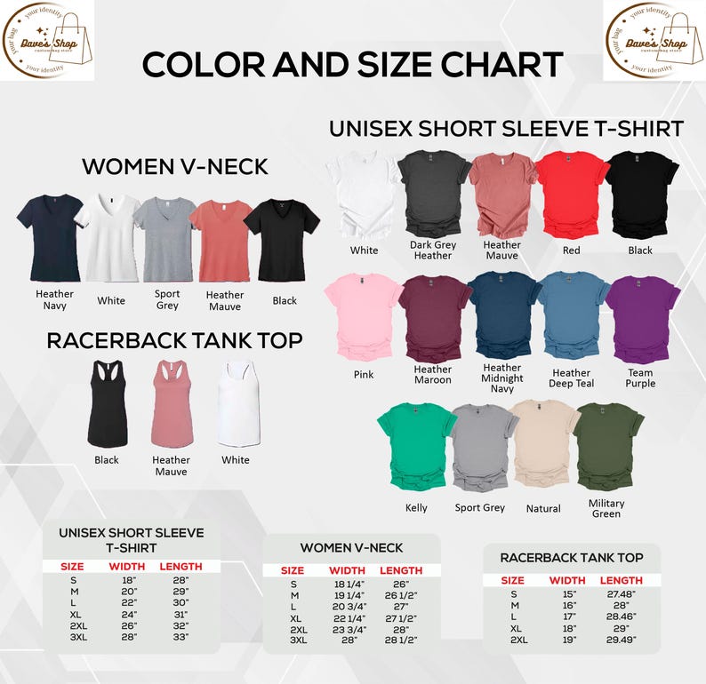 Color and size chart for unisex short sleeve t-shirts, women V-neck t-shirts and tank tops
