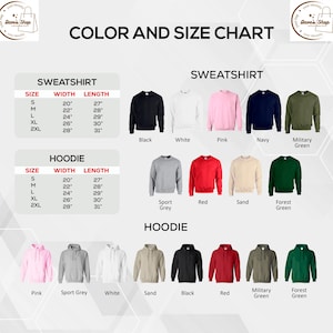 Color and size charts for unisex adult sweatshirts and hoodies