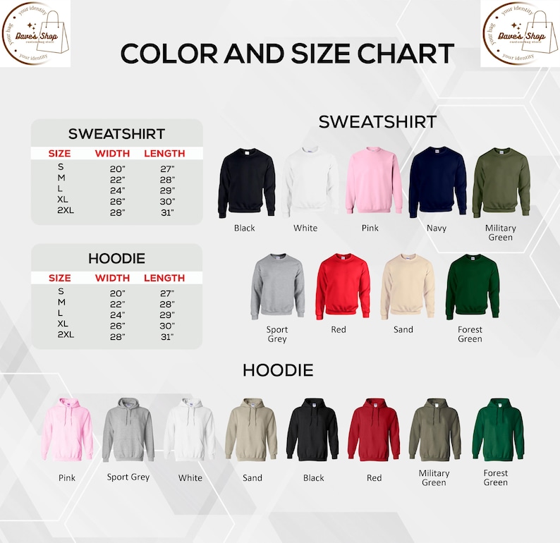 Color and size charts for unisex adult sweatshirts and hoodies