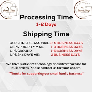 K&ouml;nnte beinhalten: Grafik mit Text, der die Bearbeitungs- und Versandzeiten angibt. Enth&auml;lt Informationen f&uuml;r USPS- und UPS-Dienste. Das Bild zeigt auch ein Logo mit dem Text "Dave's Shop custom bag store."