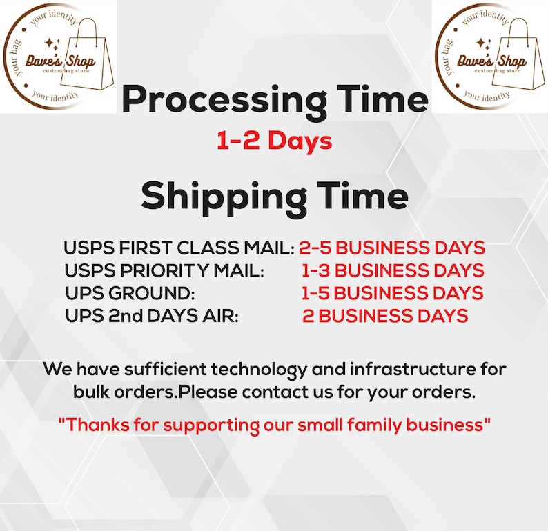 K&ouml;nnte beinhalten: Grafik mit Text, der die Bearbeitungs- und Versandzeiten angibt. Enth&auml;lt Informationen f&uuml;r USPS- und UPS-Dienste. Das Bild zeigt auch ein Logo mit dem Text "Dave's Shop custom bag store."