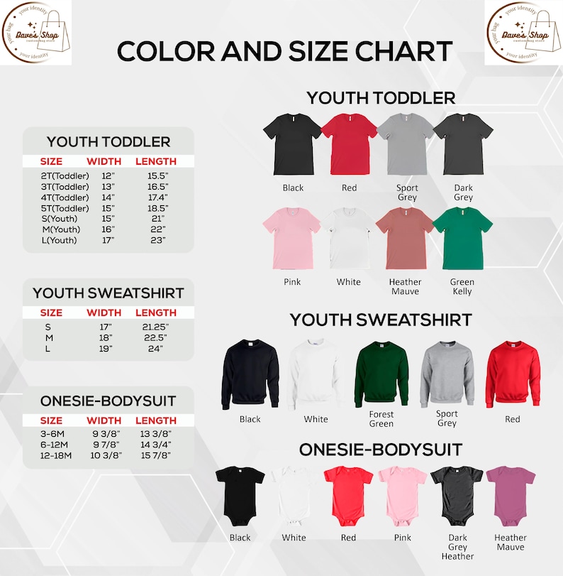 May include: Color and size chart for youth and baby apparel. Includes size and measurement details for youth toddler t-shirts, youth sweatshirts, and onesie-bodysuits. Available colors include black, red, pink, white, and various shades of grey and green.