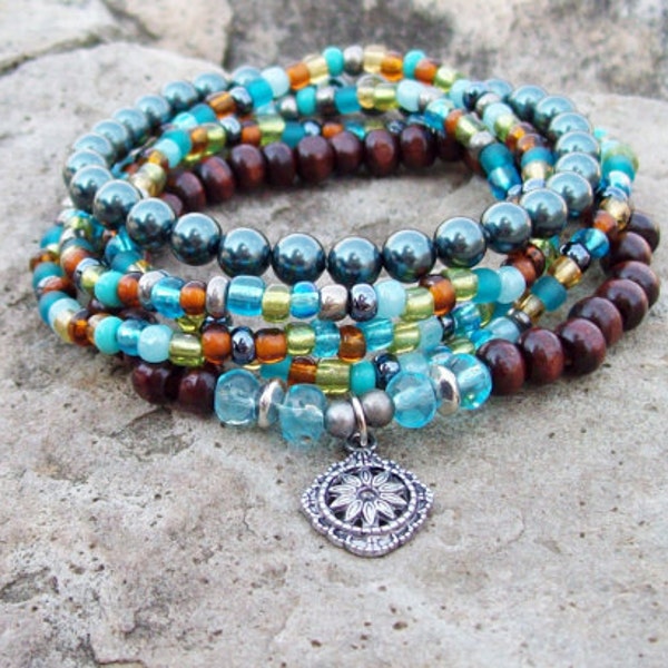 Tahitian Stacker Set  - Beaded Stretch Bracelets with Sunflower Charm and Blue Pearls