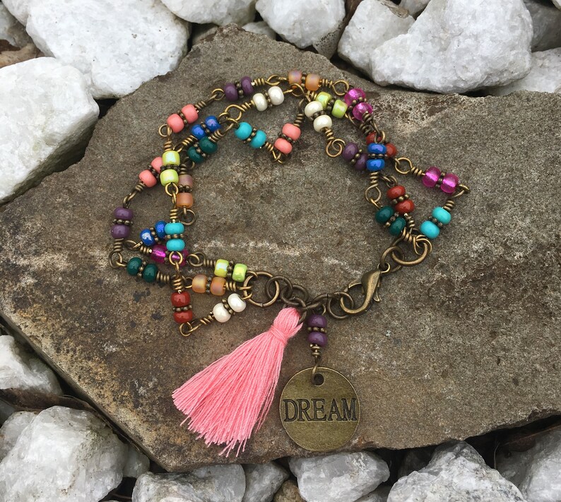 Czech beaded link Bracelet beaded bracelet Dream charm with tassel bracelet Hippie Bohemian triple Bracelet