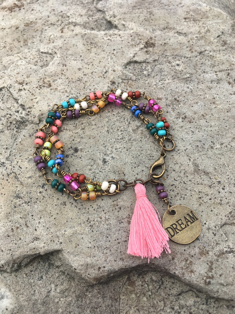 Czech beaded link Bracelet beaded bracelet Dream charm with tassel bracelet Hippie Bohemian triple Bracelet
