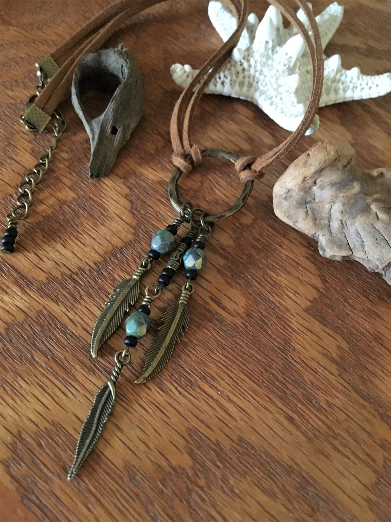 Cord Bohemian necklace beaded drops with Feather charms faux Etsy