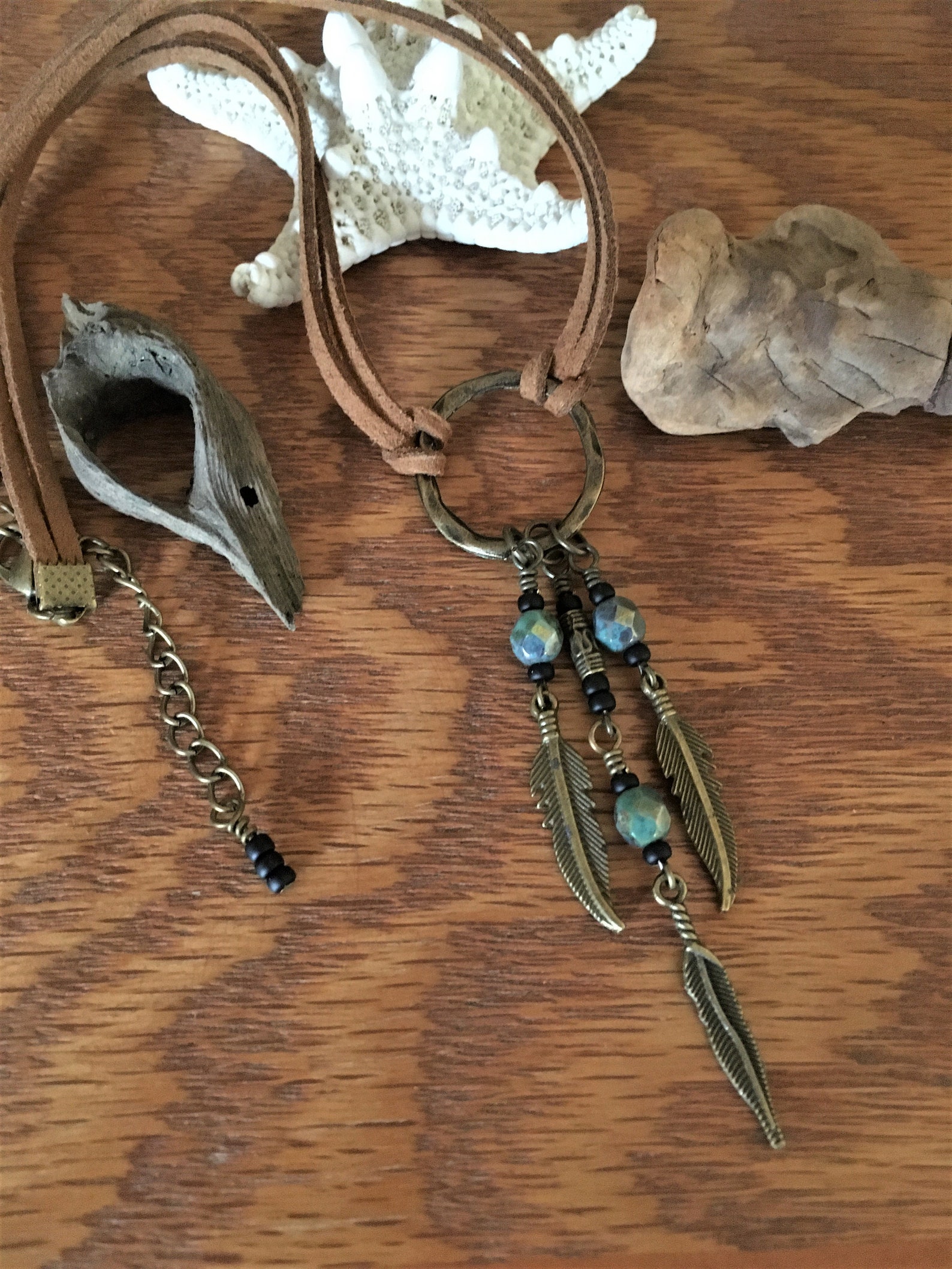 Cord Bohemian necklace beaded drops with Feather charms faux Etsy