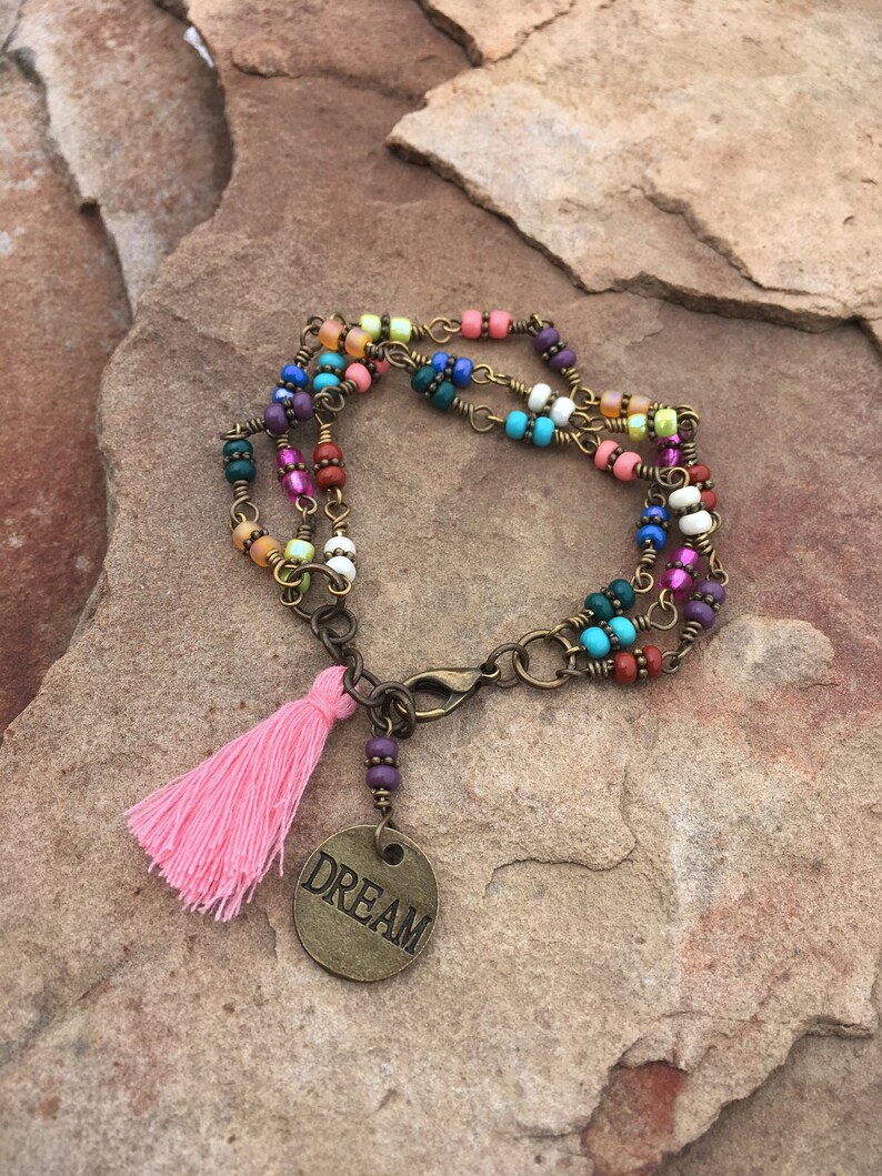 Czech beaded link Bracelet beaded bracelet Dream charm with tassel bracelet Hippie Bohemian triple Bracelet