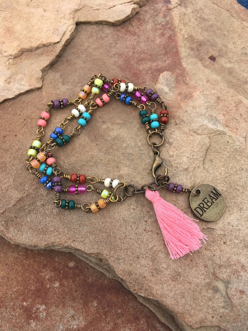 Czech beaded link Bracelet beaded bracelet Dream charm with tassel bracelet Hippie Bohemian triple Bracelet