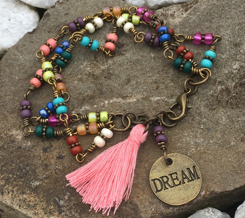 Czech beaded link Bracelet beaded bracelet Dream charm with tassel bracelet Hippie Bohemian triple Bracelet