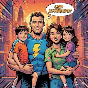 May include: Comic book style illustration of a family of four in front of a cityscape. The father wears a blue shirt with a yellow lightning bolt. The mother holds a girl, and the father holds a boy. A speech bubble says, "OUR ADVENTURE!"