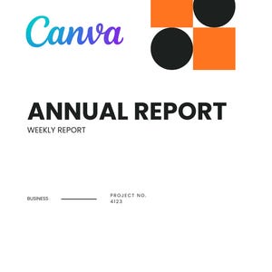 Può includere: Documento bianco con il testo "2026 Canva ANNUAL REPORT WEEKLY REPORT" e una grafica di due quadrati arancioni e due cerchi neri. Il documento include anche il testo "PROPOSED TO: Blue Indigo Media" e "ORGANISED BY: Borcelle Company."