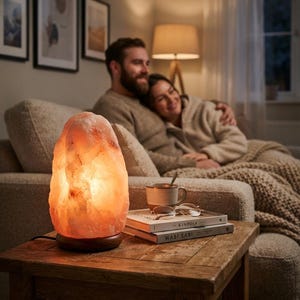 Puede incluir: Una lámpara de sal del Himalaya de color naranja rosado, irregular y brillante, sobre una base de madera oscura. Junto a ella hay dos libros apilados titulados KINFOLK y WABI SABI, una taza de cerámica con cuchara y gafas de metal.