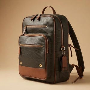 May include: A dark charcoal grey backpack with a textured diamond pattern, featuring brown leather trim, gold-tone metal zips, a top handle, adjustable shoulder straps, and a rectangular front pocket with two gold snap buttons and a leather luggage tag.