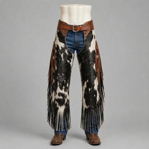 May include: Cowhide chaps featuring a black and white spotted pattern with long leather fringe along the sides. The chaps have a brown leather waistband with intricate floral tooling and a silver buckle, worn over blue denim jeans and brown boots.
