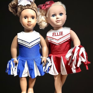 Custom Cheer Uniform for any 18” doll American Girl made to match cheerleader gift red royal navy blue white pleated skirt with bow and Poms