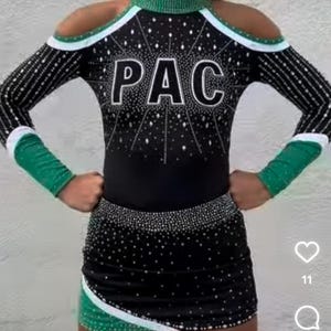 Ready to Ship Custom Platinum athletic cheer uniform for American Girl PAC bulk team pricing green black matching match 18”