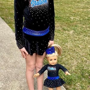 2025 Tumble Station Allstar cheer uniform for American girl doll 18”  - front logo with stones full skirt