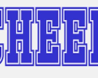 May include: A graphic displaying the word "CHEER" in bold, blue letters with a white outline. The letters are in a collegiate style, often seen on sports team merchandise. The background is a light grey.