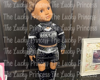 Ready to ship! Elite 2027 Embroidered silver Top gun cheer uniform with 3 logo, rhinestones for doll made in American 18”