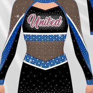 United cheer uniform 2 logos wirh rhinestoning *with black mesh* for American girl doll 18” team pricing