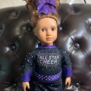 Semi Custom All Star Cheer Uniform for any 18” doll Girl matching cheerleader birthday gift black white red blue green purple bow american