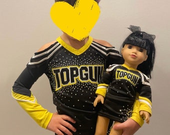 Embroidered Top gun uniform as shown for American girl doll 18” cheer with black bow cheerleader Easter gift
