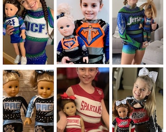 Fully custom 18 inch doll CHEER or DANCE girl uniform costume rhinestones Made to Match Christmas gift Allstar all star cheerleader american