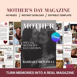 Op de afbeelding: Een sjabloon voor een Moederdagmagazine met een zwart-wit omslagfoto van een moeder en dochter. Het tijdschrift bevat de tekst "Mother's Day Magazine", "Special Mother's Day Edition" en "Turn Memories Into a Real Magazine".