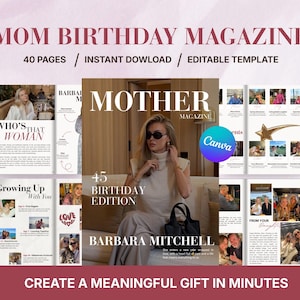 Könnte beinhalten: Ein Magazin-Cover mit dem Titel "MOTHER MAGAZINE" und dem Text "45 BIRTHDAY EDITION". Das Cover zeigt eine Frau mit Sonnenbrille. Das Magazin enthält den Text "MOM BIRTHDAY MAGAZINE" und "40 PAGES / INSTANT DOWNLOAD / EDITABLE TEMPLATE".