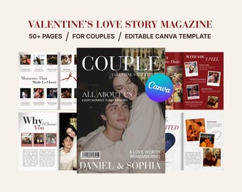Valentine Love Story Magazine Template for Couples | Editable Canva Printable Gift | Romantic Digital Download