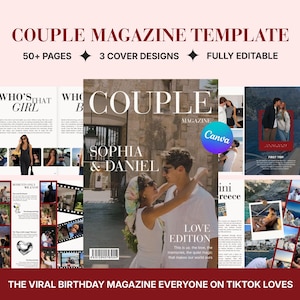パーソナライズされたカップル向け雑誌テンプレート | カップル向けラブストーリー雑誌 | パーソナライズされた記念日のCanvaギフト