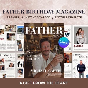 Puede incluir: Una portada de revista con el título "FATHER BIRTHDAY MAGAZINE" y el texto "38 PÁGINAS / DESCARGA INSTANTÁNEA / PLANTILLA EDITABLE". La portada presenta a un hombre y el texto "45 BIRTHDAY EDITION" y "MICHAEL CARTER."