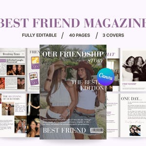 Könnte beinhalten: Eine digitale Magazinvorlage mit dem Titel Best Friend Magazine, bestehend aus 40 Seiten und 3 Covern. Das Layout enthält verschiedene Fotoseiten, Textblöcke und ein zentrales Titelbild von zwei Personen mit Hüten und dem Text Our Friendship Story.