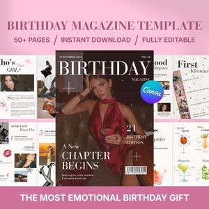 May include: A digital birthday magazine template featuring a central cover with a person in a red dress holding a cocktail, surrounded by various interior page layouts including photo collages, text sections, and cocktail illustrations.