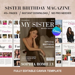 Magazine d'anniversaire de soeur | Modèle de toile modifiable | Cadeau souvenir émotionnel personnalisé