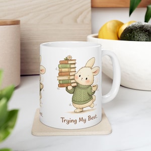 Cottagecore Hase Stapel Bücher Tasse | Gemütliche Tee Kaffee Tasse