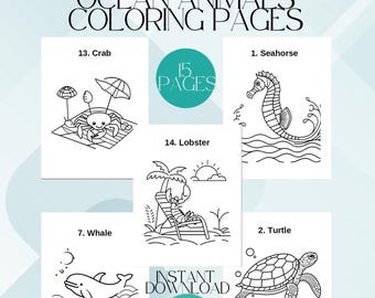 Ocean Animals Coloring Pages for Kids - Printable Instant Download