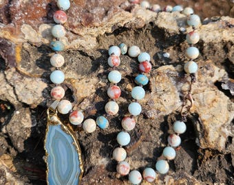 Aqua Terra Jasper Gemstone Necklace with Agate Stone Pendant, Knotted Necklace, Beaded Necklace, Bead Necklace, Gifts for Her, Ready to Ship