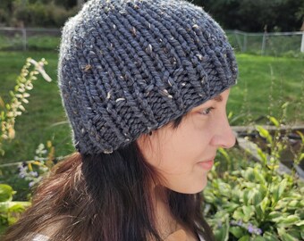 Knit Beanie Hat, Hand Knit Beanie Hat, Gifts for Women, Women's Knit Hat, Women's Winter Hat, Women's Winter Beanie Hat, Charcoal Gray
