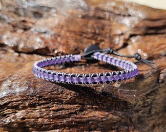Leather Wrap Bracelet Featuring Lavender Purple Seed Beads, Stack Bracelet, Stackable Bracelet, Minimalist Bracelet, Cuff, Purple