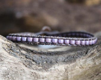 Leather Wrap Bracelet Featuring Lavender Purple Seed Beads, Stack Bracelet, Stackable Bracelet, Minimalist Bracelet, Cuff, Cuff Bracelet