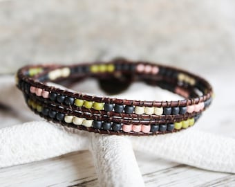 Beaded Leather Wrap Bracelet, Leather Bracelet, Wrap Bracelet, Leather Cuff Bracelet, Stackable Bracelet, Double Wrap Bracelet