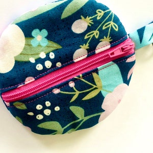 Floral pink and blue earbud case/round  coin purse/ zipper purse /airpod holder/pacifier holder/ Pill case/ birthday gift/ key holder