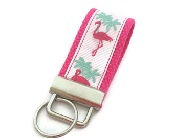 Mini key fob made with flamingos ribbon, key ring, birthday gift, mini key chain