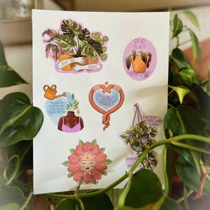 Autocollants découpés, planche d'autocollants, amoureux des plantes, dame des plantes, compagnons de sol, autocollants pour plantes, autocollants pour plantes, soins personnels