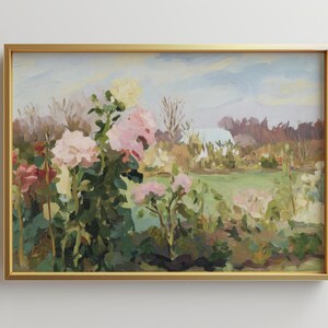 Grote ingelijste boerderijtuin olieverfschilderij Art Print | Grote ingelijste kunst | Landschap muurkunst | Neutrale kunstafdruk | Trendy wanddecoratie cadeau
