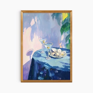 パステルマティーニと牡蠣の油絵アートプリント | 大きな額入りアート | キュートで風変わりな気まぐれ | ガーリーなピンクのウォールアート | トレンディなウォールアートギフト